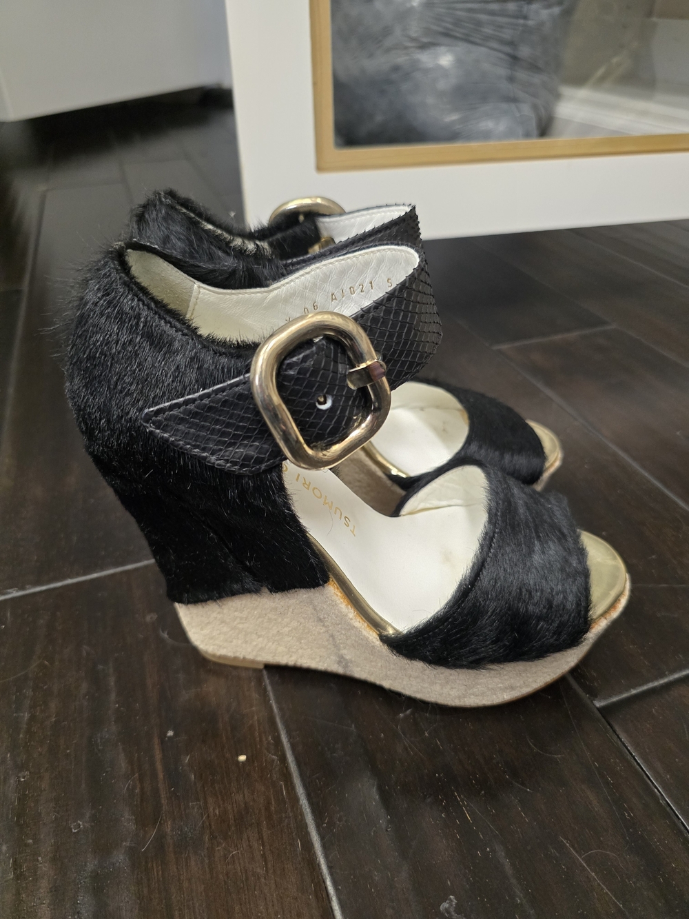Tsumori Chisato Black Faux-Hair Wedge Sandals with Gold Buckle